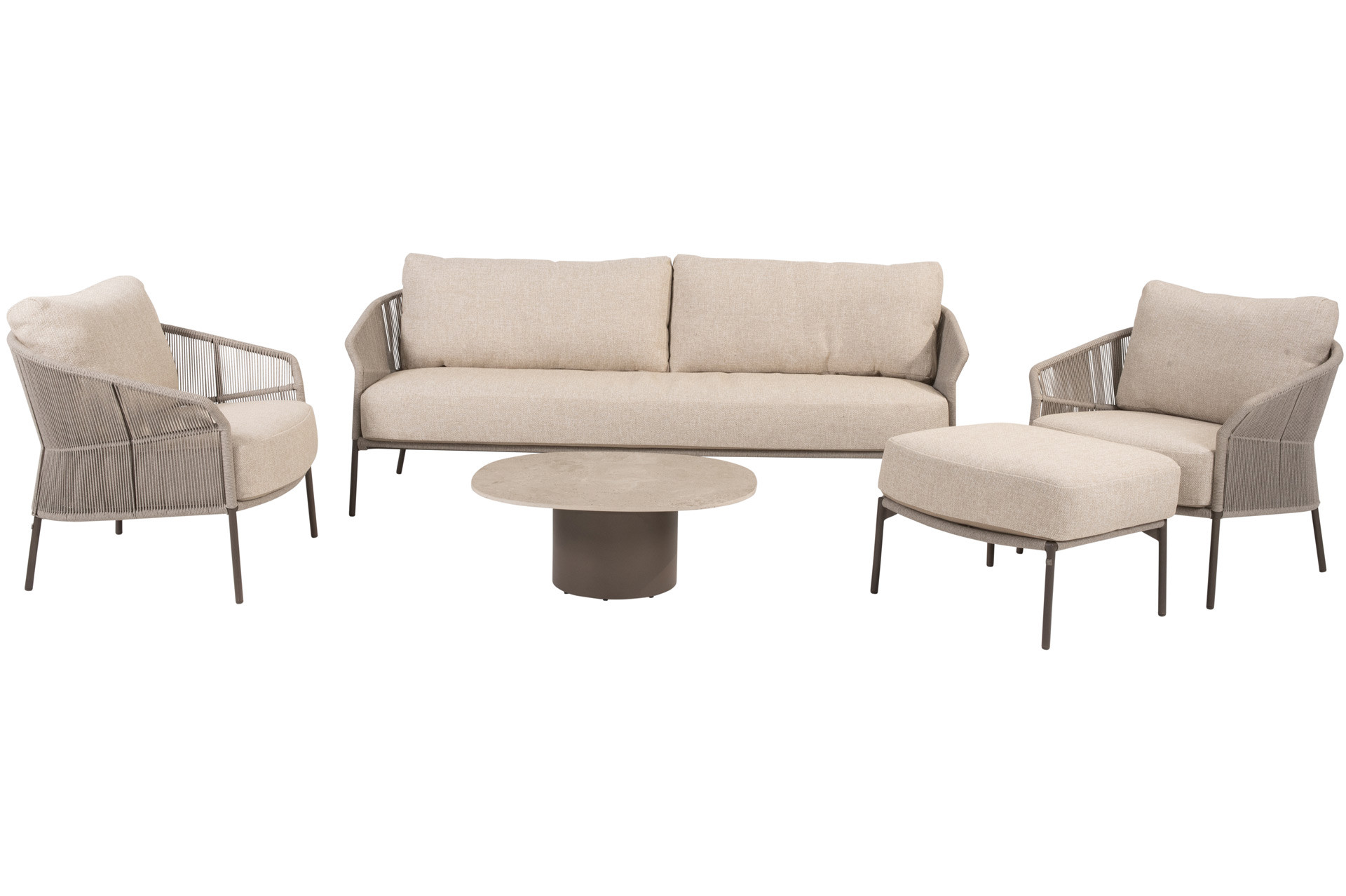 Florence Terre Stuhl-Bank-Loungeset mit Hocker und Sofie Couchtisch