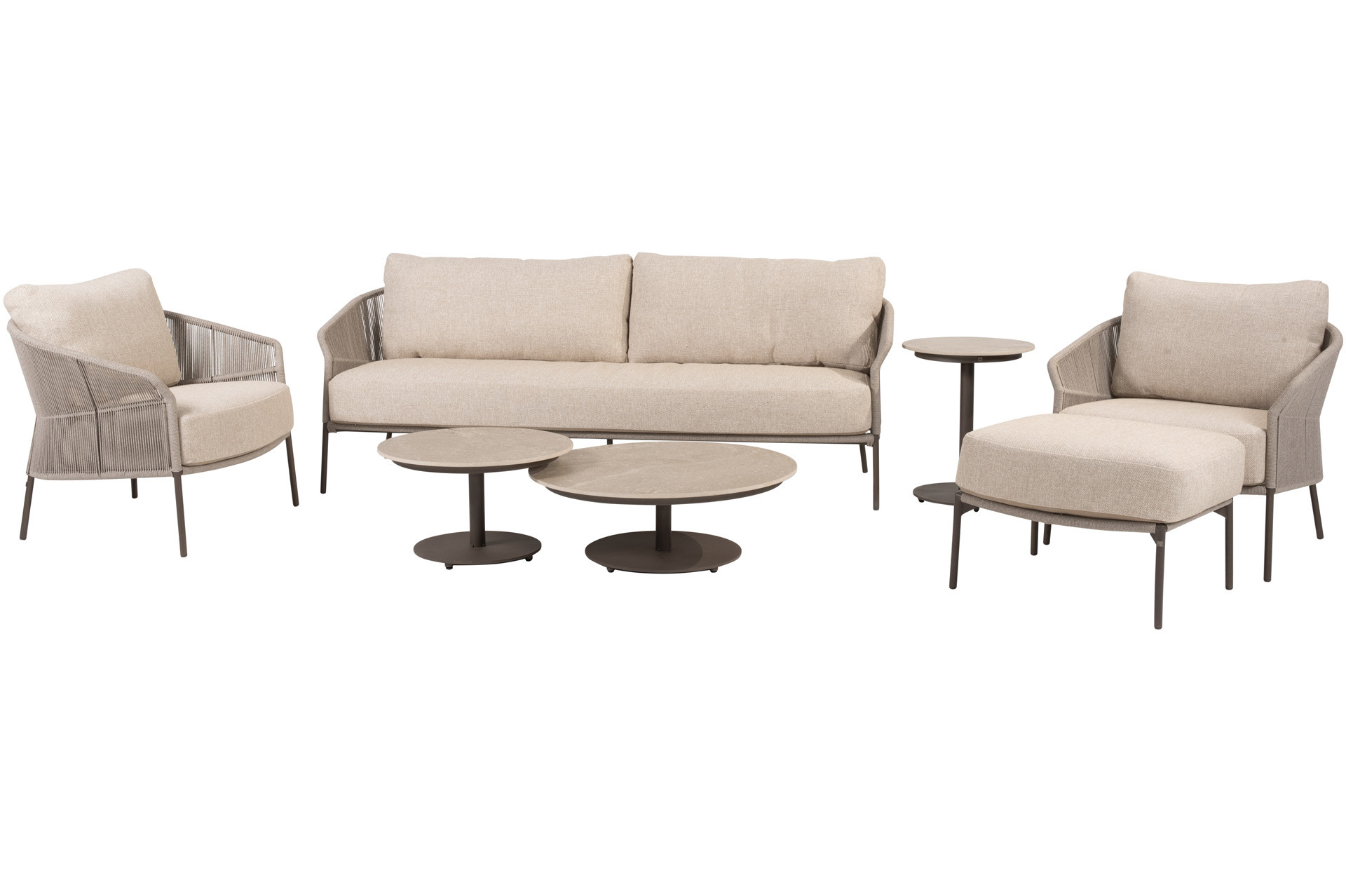 Florence Terre Stuhl-Bank-Loungeset mit Hocker und Boaz Coffee und Sidetables