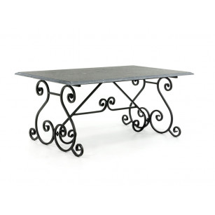 Kalksteingartentisch mit schmiedeeisernem Tischgestell