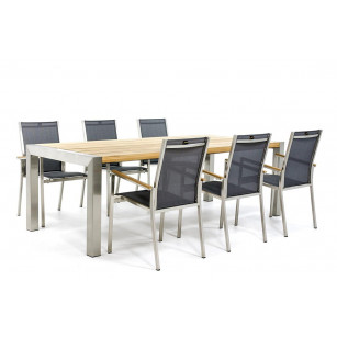 Gartentisch aus Edelstahl mit Tischplatte aus Teak und Stühlen aus Edelstahl