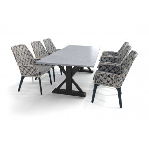 Robuster Gartentisch mit Tischplatte aus belgischem Hartstein (geschliffen) in Betonoptik und Savoy-Stühlen