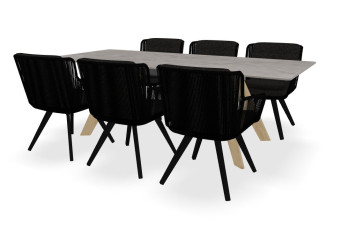 Tafel Dekton Kira, onderstel Montana teak en Flores stoelen