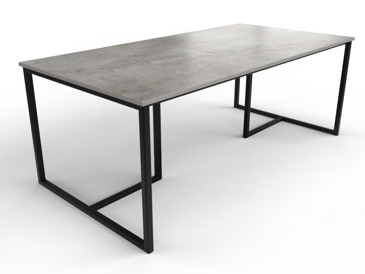 Esstisch in Betonoptik mit Dekton-Tischplatte und Tischgestell aus beschichtetem Stahl