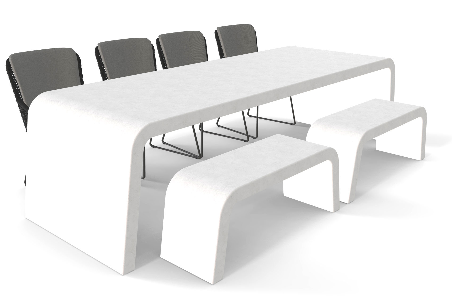 Witte betonlook tuintafel met twee banken en stoelen